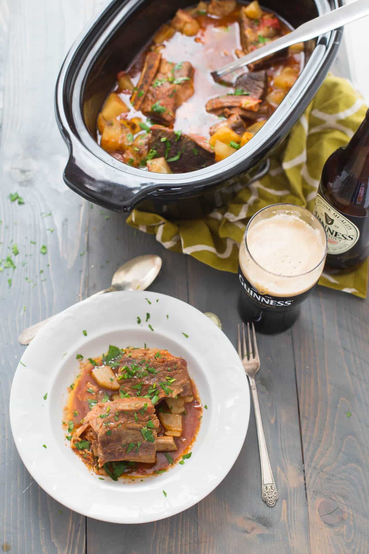 Slow cooker short ribs cook up nice and tender.  The Guinness broth is amazing!