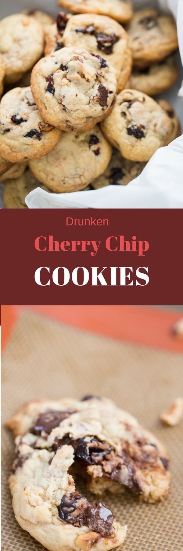 These cherry chip cookies are for the sophisticated cookie lover! Each bit features boozy cherries, chocolate chunks and crunchy hazelnuts!