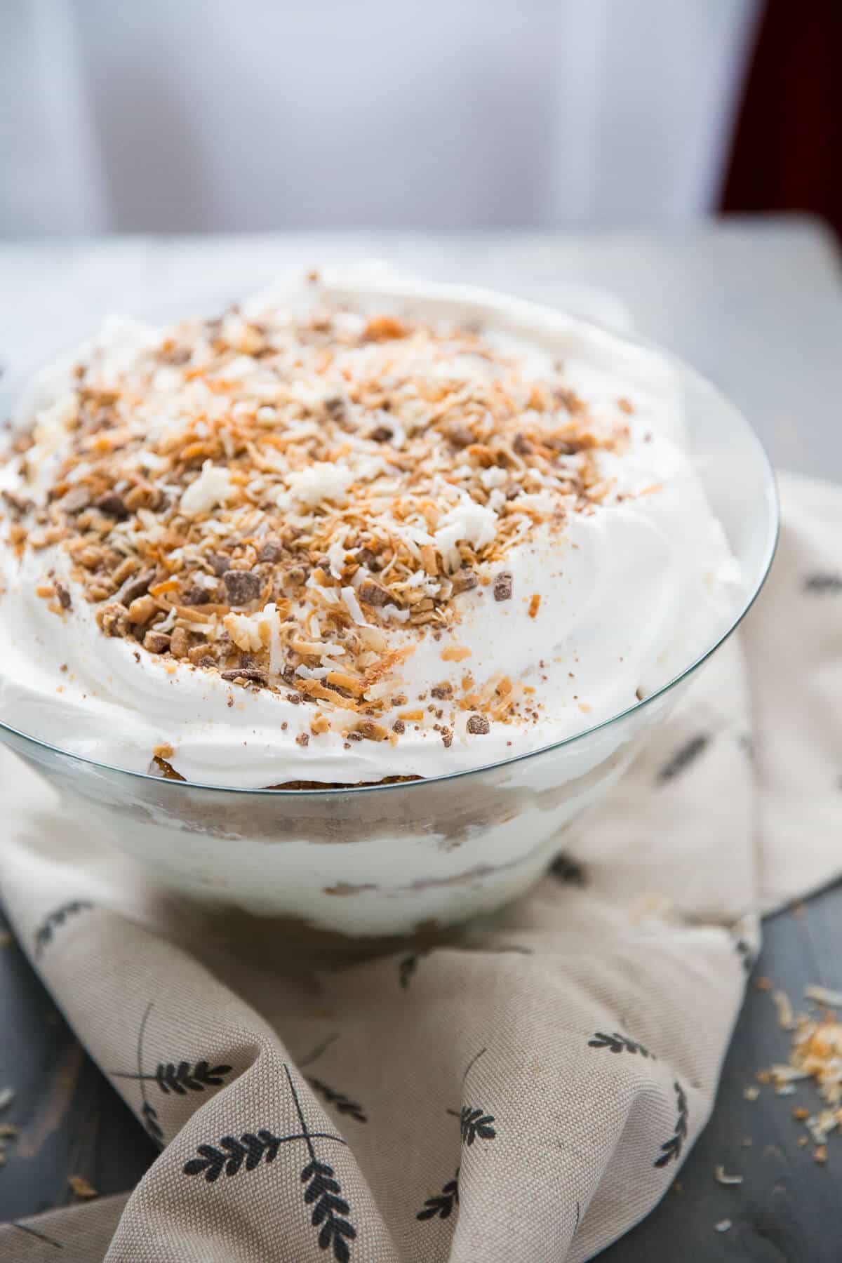Tis recipe for carrot cake trifle has a little bit of everything. s has It has a tender spice cake and a creamy cream cheese filling and it is so easy!