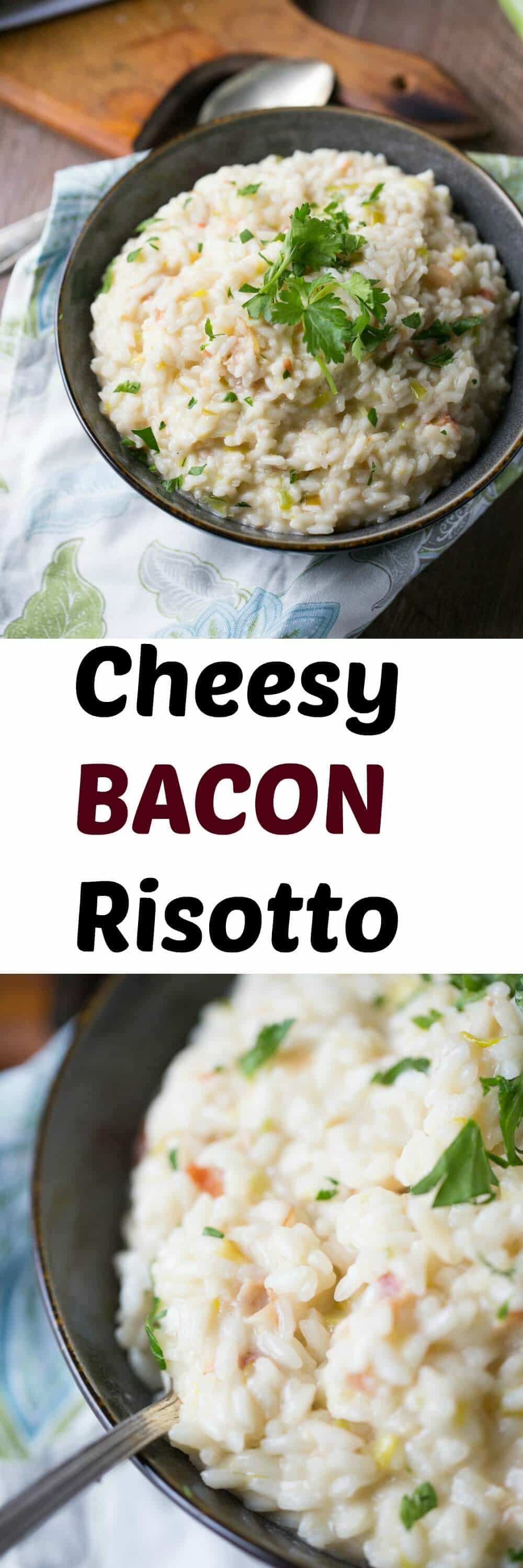 This bacon risotto is epic! This side dish with it's fresh leeks, salty bacon and creamy cheddar is an absolute dream!