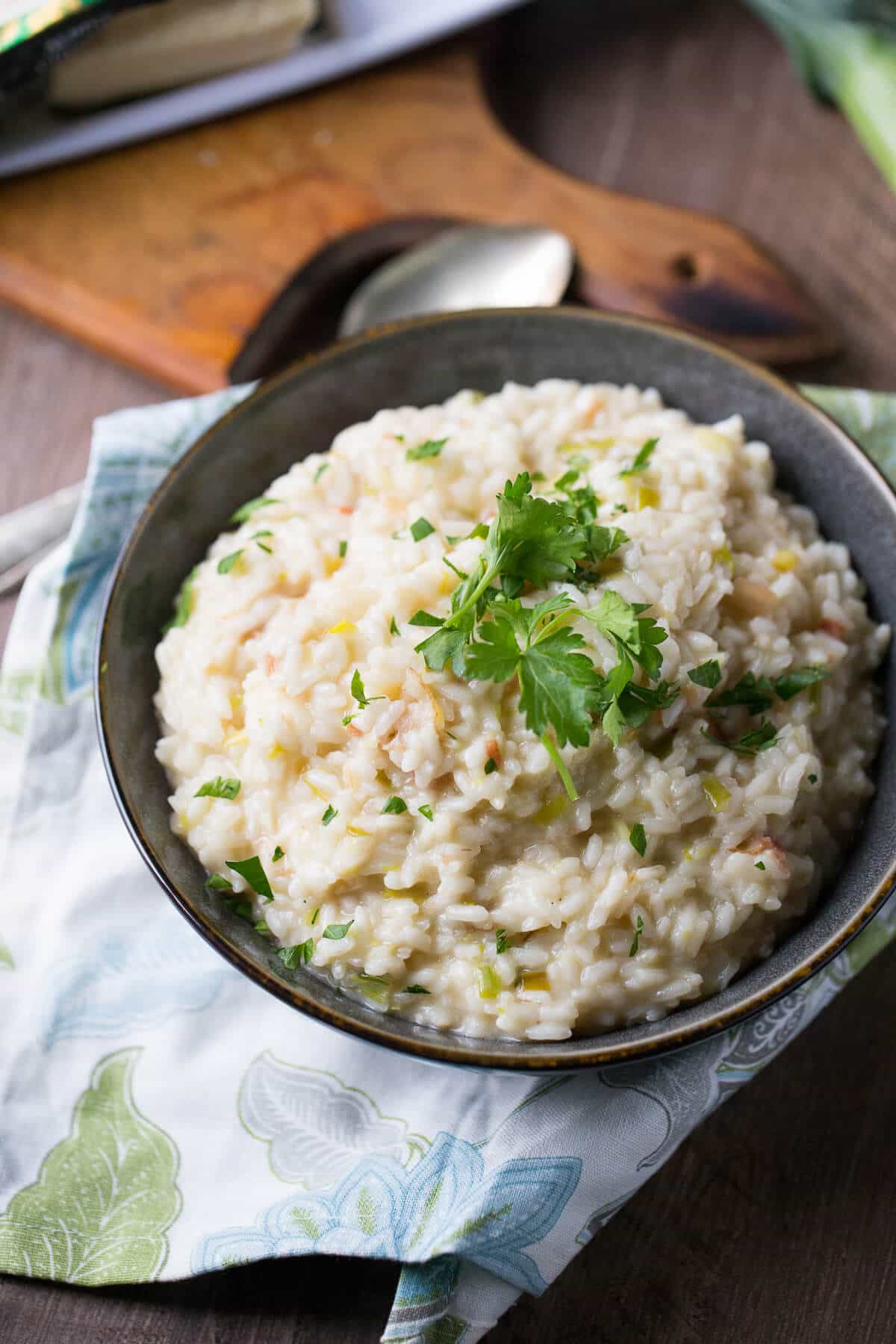 This bacon risotto is creamy and so cheesy! It has bacon and veggies which makes it oh so good!