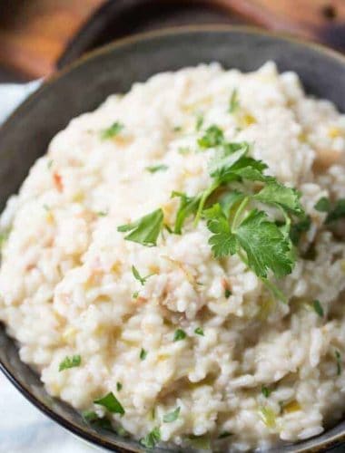 Bacon risotto is a game changer! Salty bacon and sharp white cheddar cheese work together to make something glorious!
