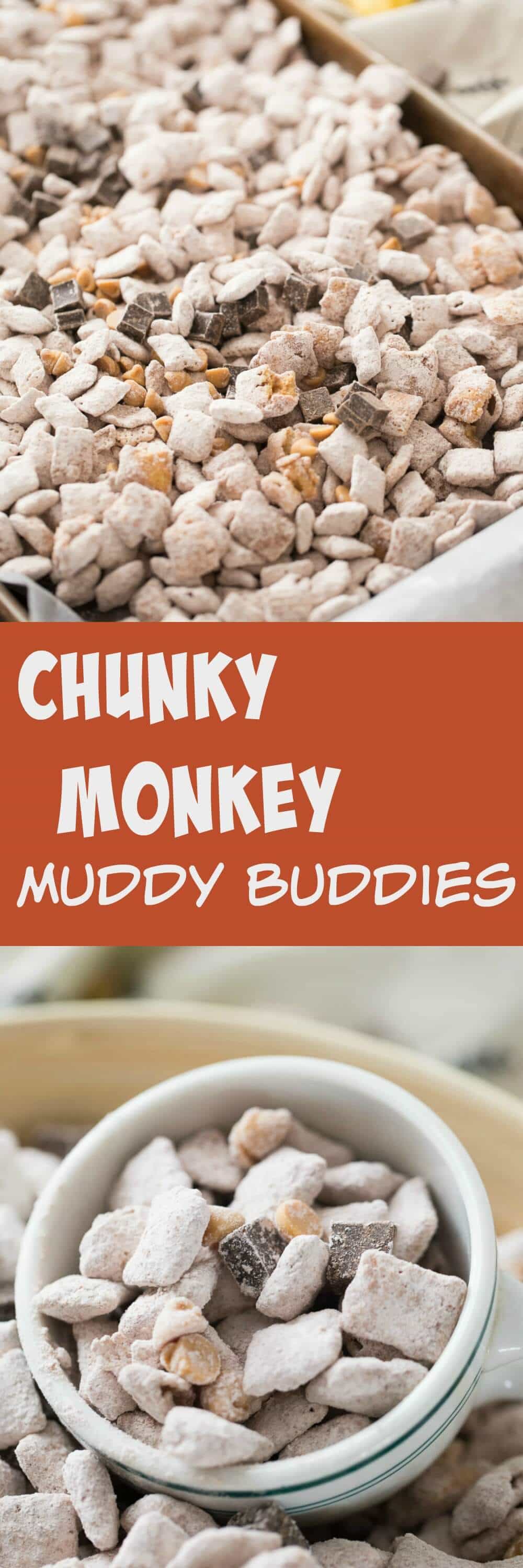 This chunky monkey snack mix is so simple to make; it’s a great recipe to make with kids! Peanut butter and chocolate work perfectly in this fun muddy buddy recipe!