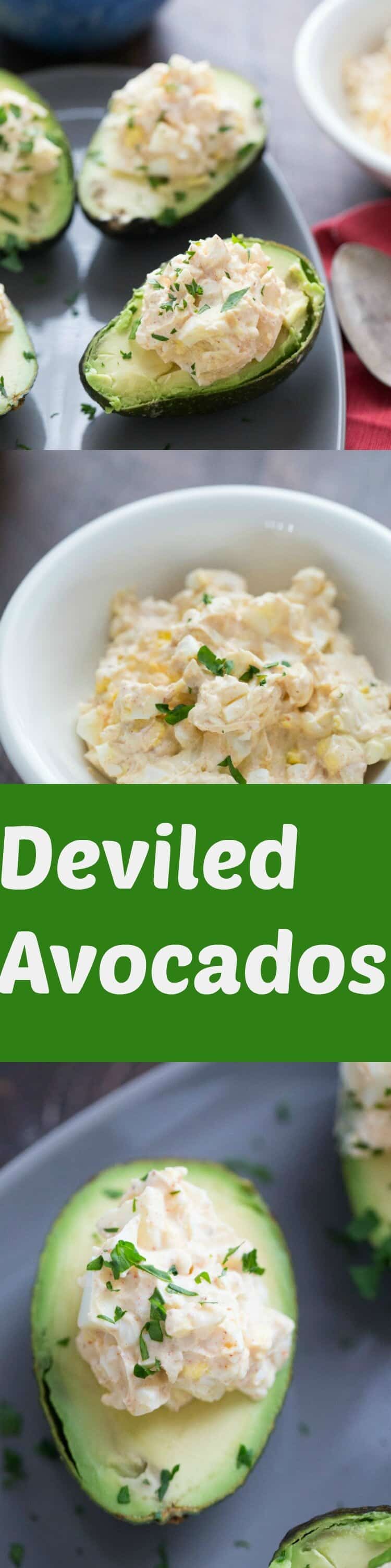 Deviled egg avocados make a healthy, delicious and filling alternative to deviled eggs! These avocados make a light and quick snack or meal!