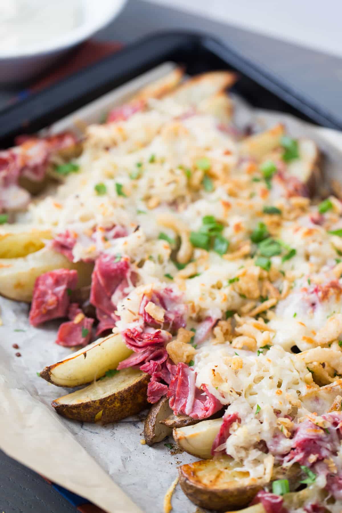 This loaded potato recipe is the best! Reuben toppings make it fun!
