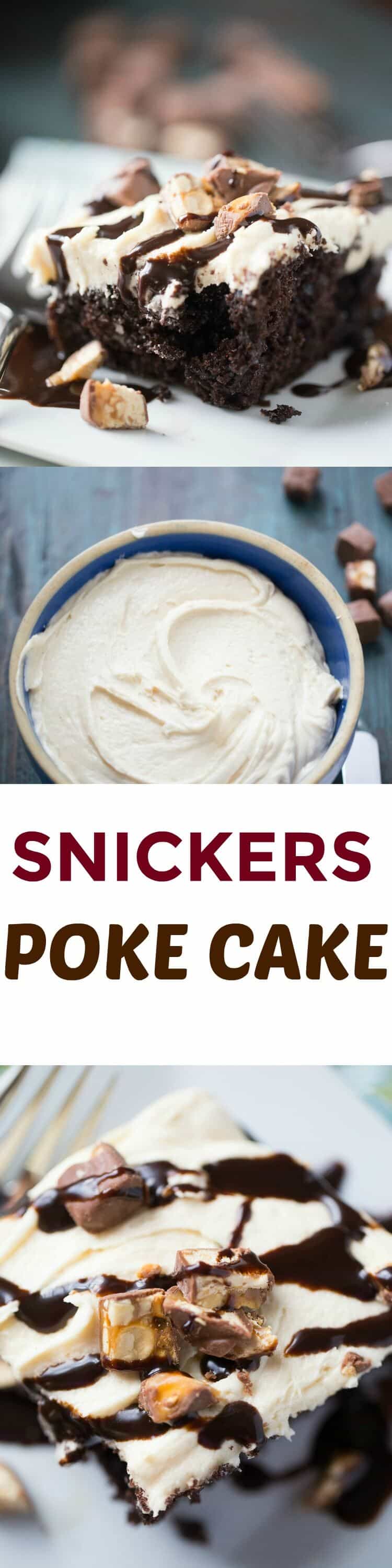 Snickers Poke Cake starts with chocolate cake and caramel sauce that is topped with frosting and candy! This is a dessert no one will pass up!