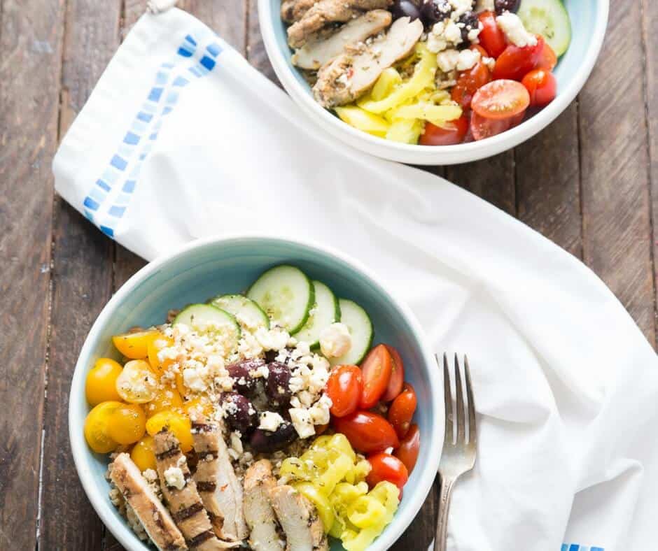 These Mediterranean Chicken bowls are filling but so good! Each bowl is filled with fiber, protein and vitamins which make this a powerhouse of a meal! lemonsforlulu.com