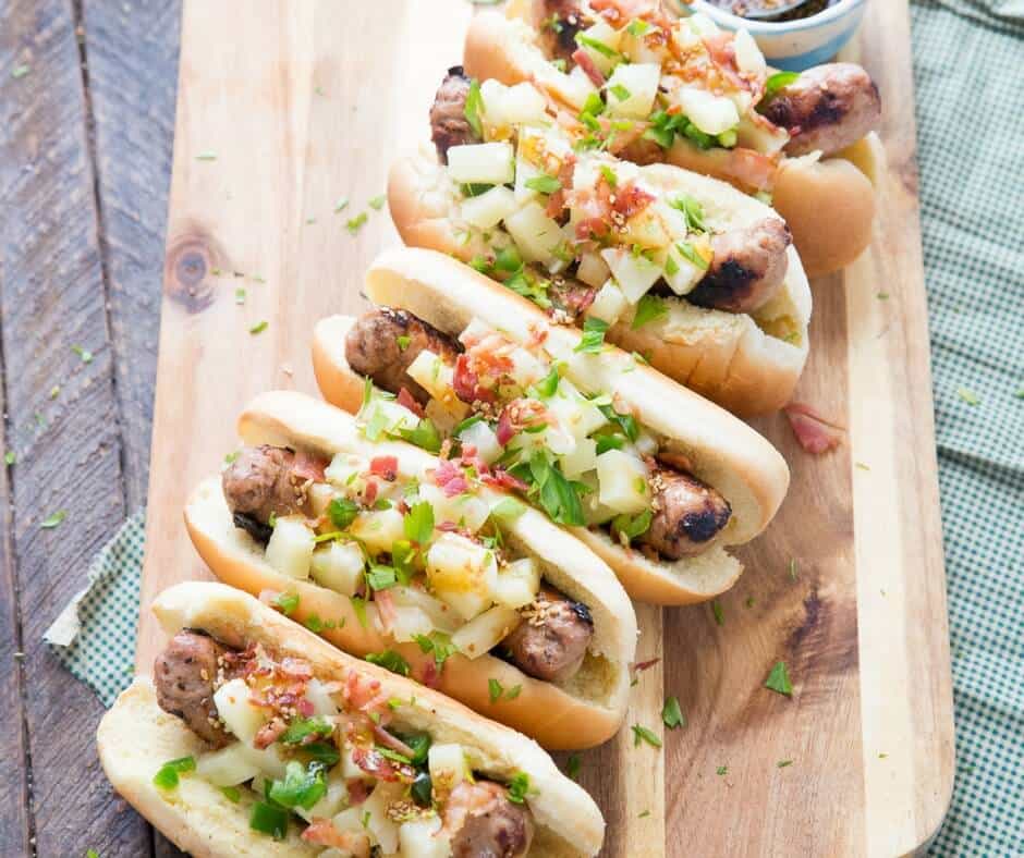 Pineapple Teryiki toppings are the perfect salty sweet fix! These turkey brats are fun and simple to make! lemonsforlulu.com