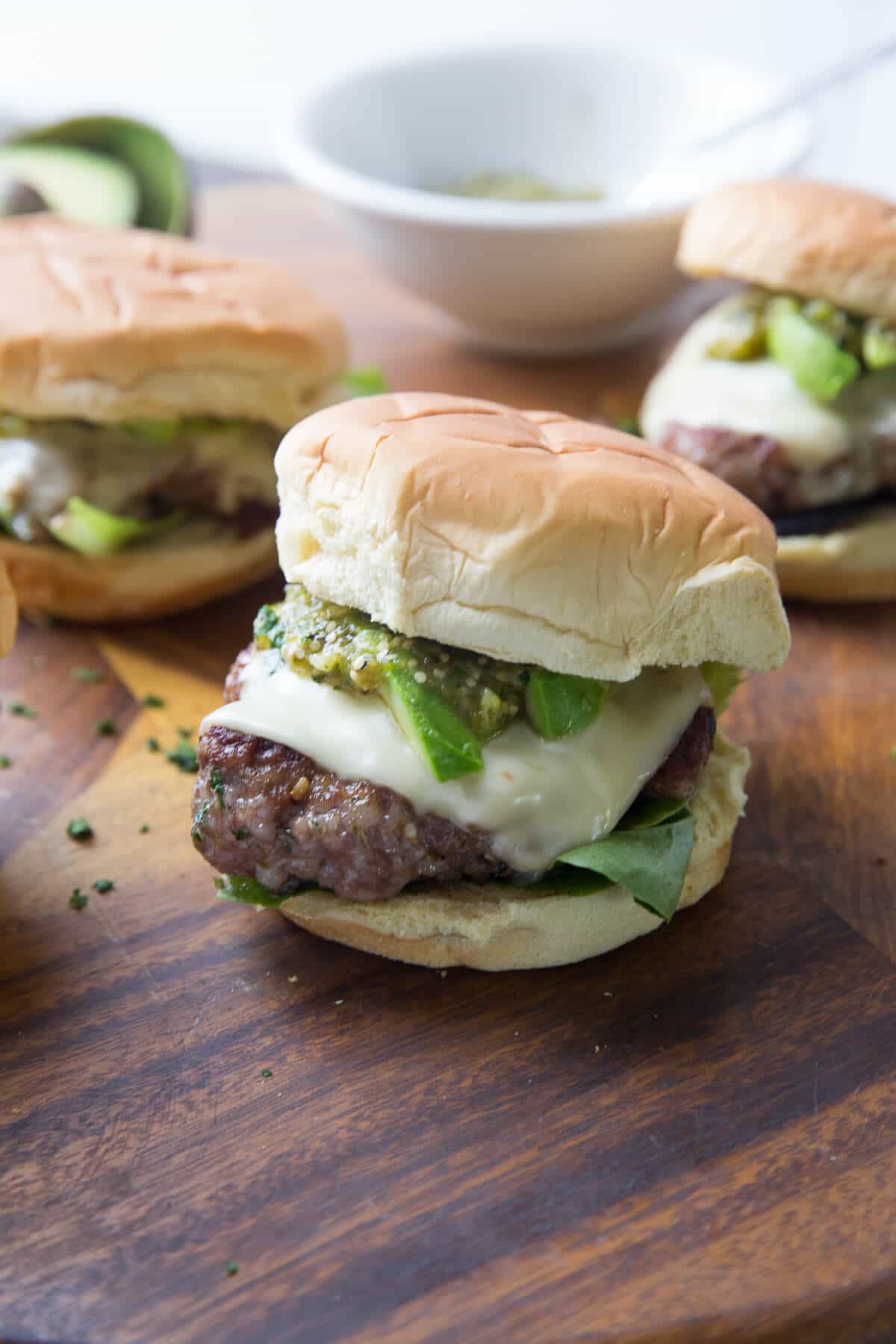 This pork burger is full of pie! The chile verde topping is outrageously good!