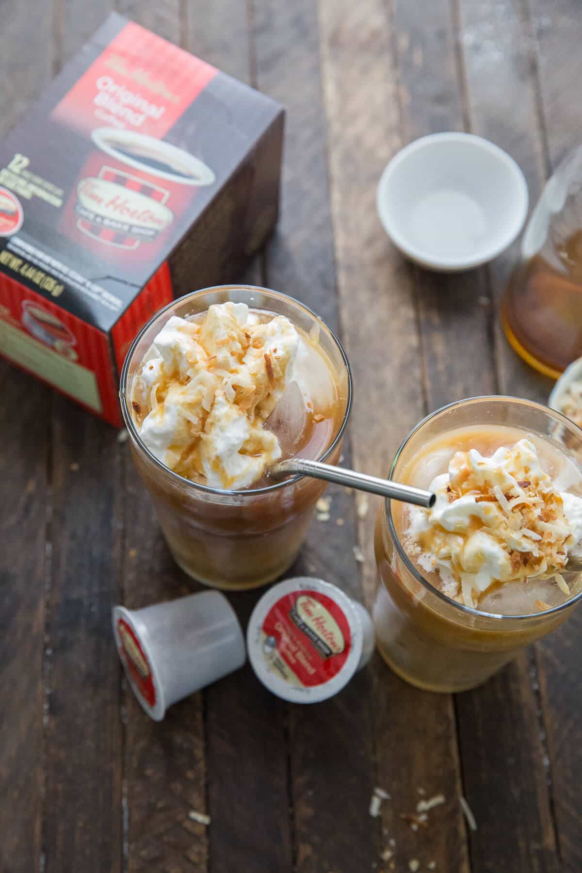 Don't buy iced macchiatos when they are easy to make at home! This coconut caramel flavor is so easy!