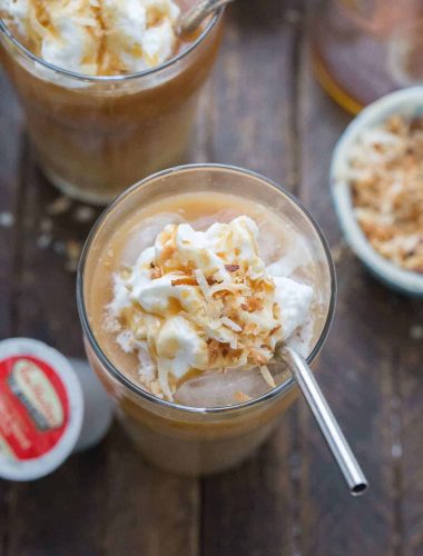 Iced macchiatos are perfect for all year round! This coconut caramel version is nutty and sweet!