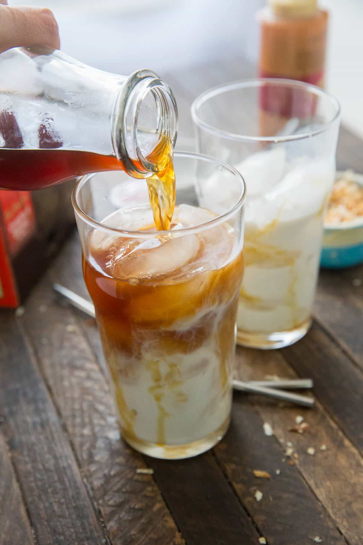 My favorite cold coffee beverage is an iced macchiato! This caramel coconut is the best!