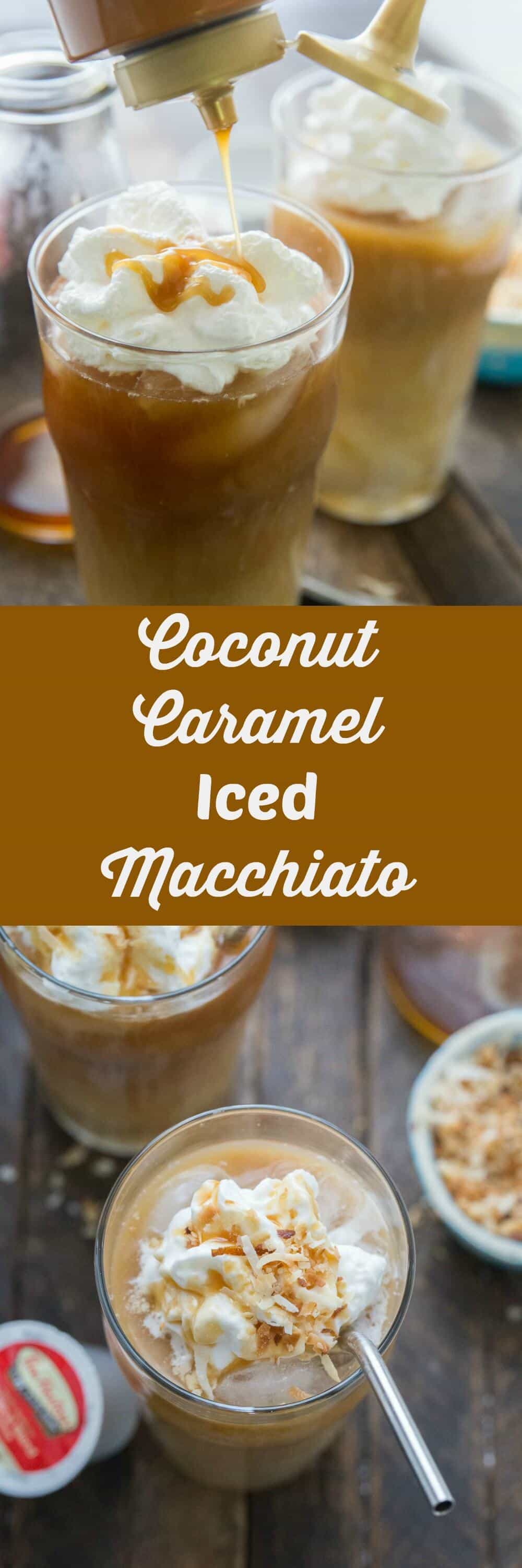 Nothing beats a refreshing iced macchiato. This coconut caramel is sweet and delicious! The best part is how simple it is to have a coffee house drink at home!