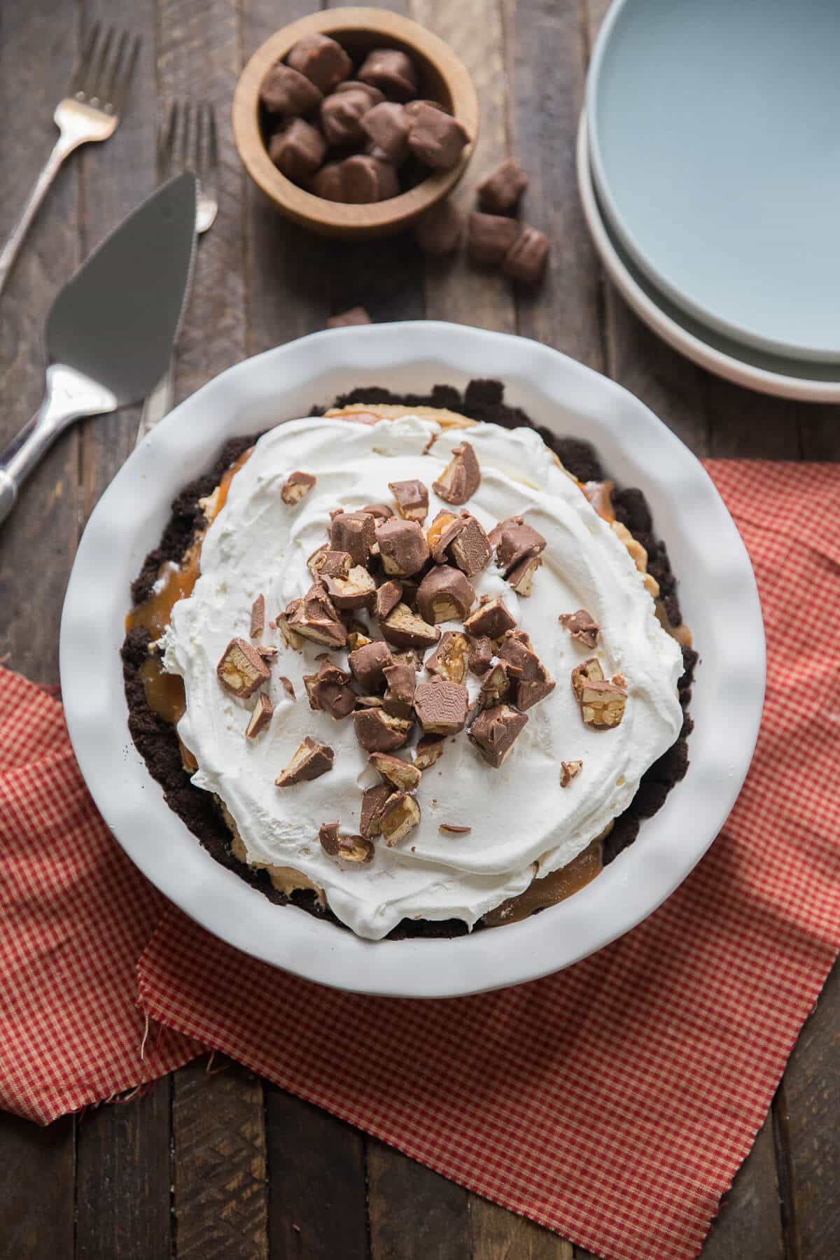 Peanut butter pie with caramel mixed in is a treat to behold! This recipe is a keeper!