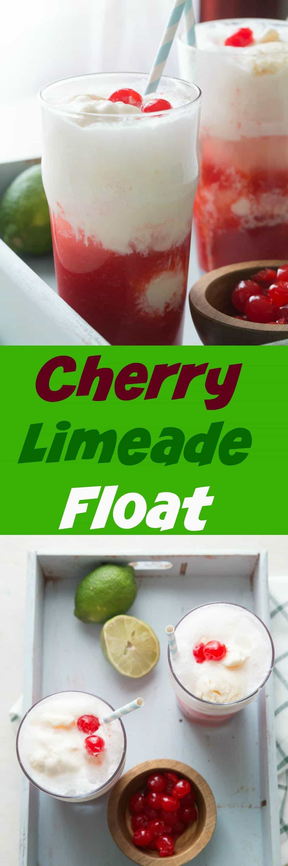 Ice cream floats are so fun!  Kids and adults are both going to love this sweet and tangy cherry limeade float!