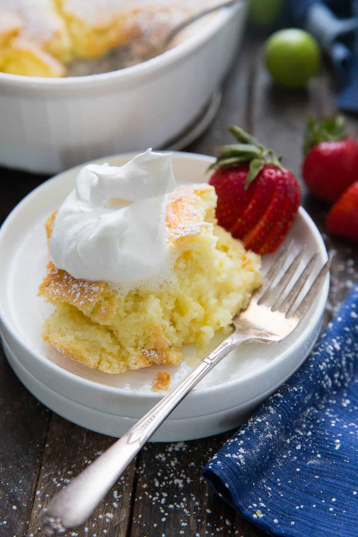 This pudding cake has a light fluffy cake layer that bakes up over a silky pudding layer. It is magical!