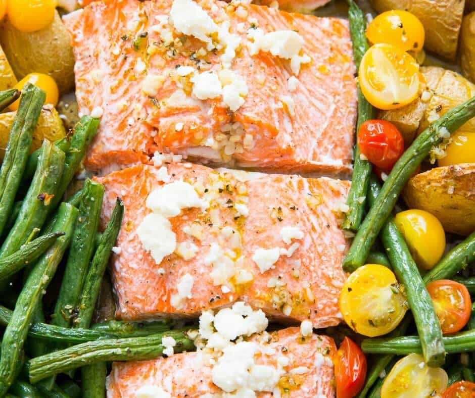 This Mediterranean salmon is a one pot wonder! Salmon is coated in Mediterranean seasoning and baked with veggies and potatoes! So easy and so good!