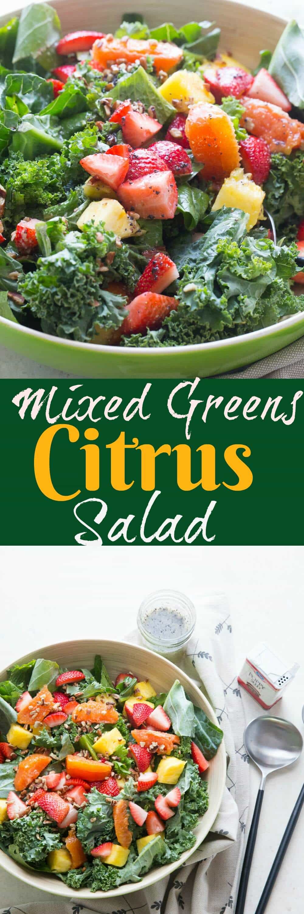 This citrus salad is full of goodness! A variety of sturdy greens and lots of colorful, ripe, fresh fruits. The poppyseed dressing pulls it all together!