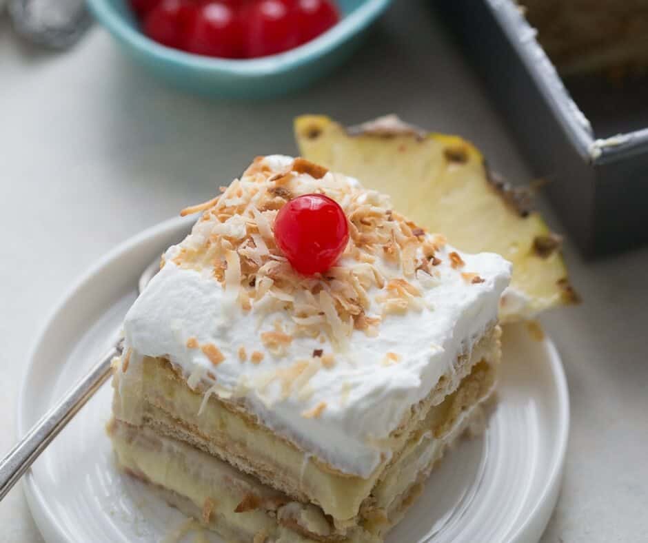 Ice box cakes are fantastic no-bake cakes! This pina colada flavor is the perfect summertime treat! 