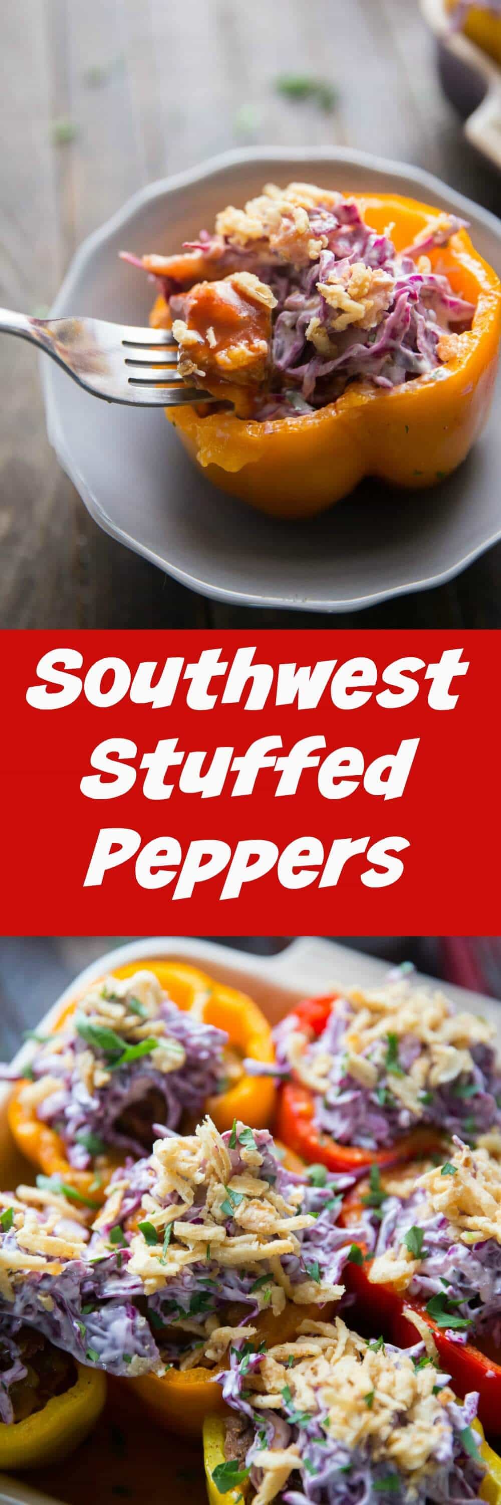 Forget ordinary stuffed peppers when you can have these Southwest Stuffed peppers instead! These peppers are filled with BBQ brisket and topped with slaw!
