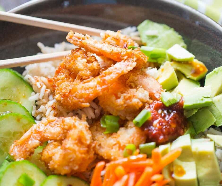 Breaded shrimp is easy and they add so much flavor to this simple sushi bowl!