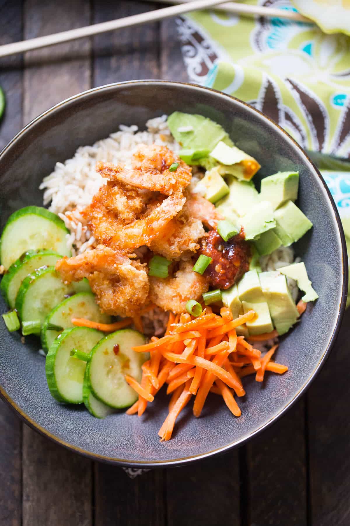Breaded shrimp give texture and crunch to this simple sushi bowl!