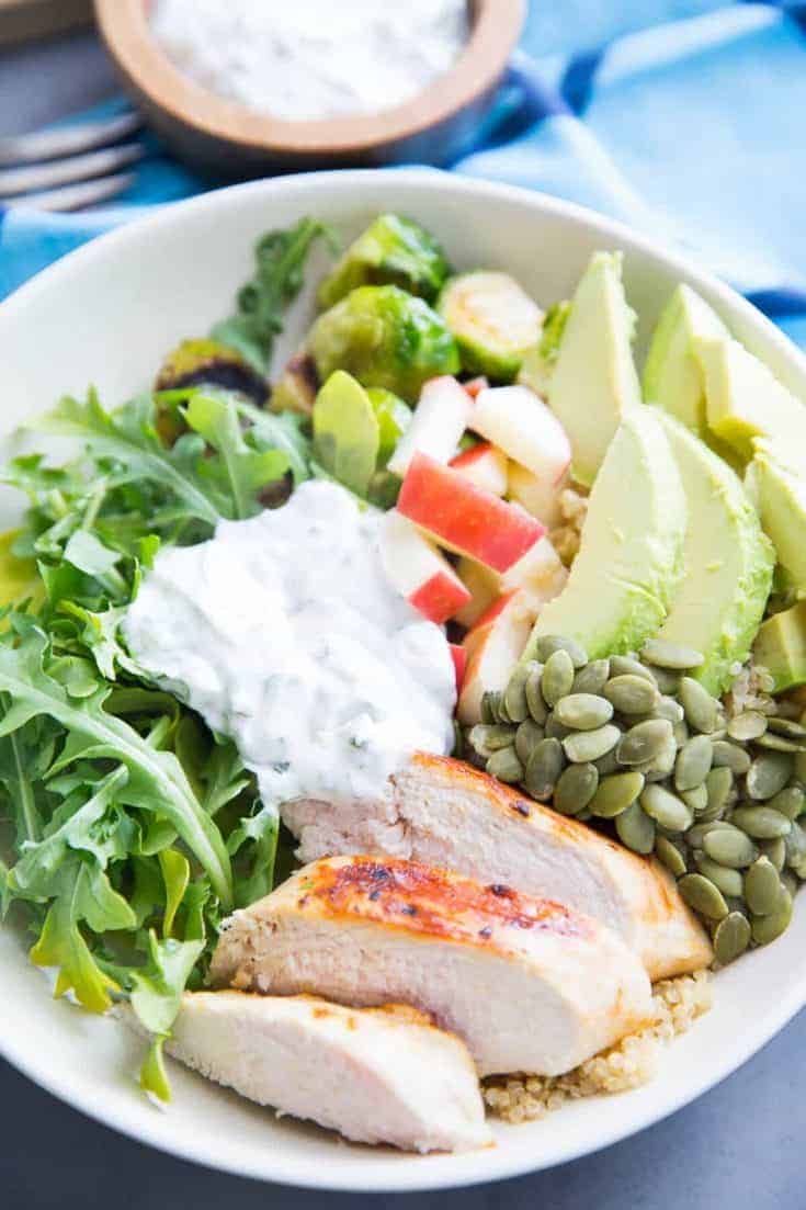 This Buddha Bowl is good food! Quinoa, grilled chicken and veggies are topped with a green goddess dressing that is out of this world!