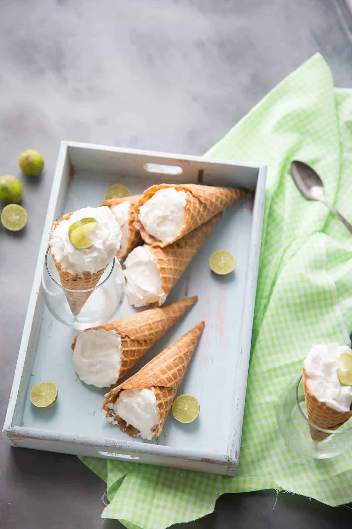 Frozen key lime pie is easy to make anytime you need something sweet! The waffle cones make this dessert fun or portable!
