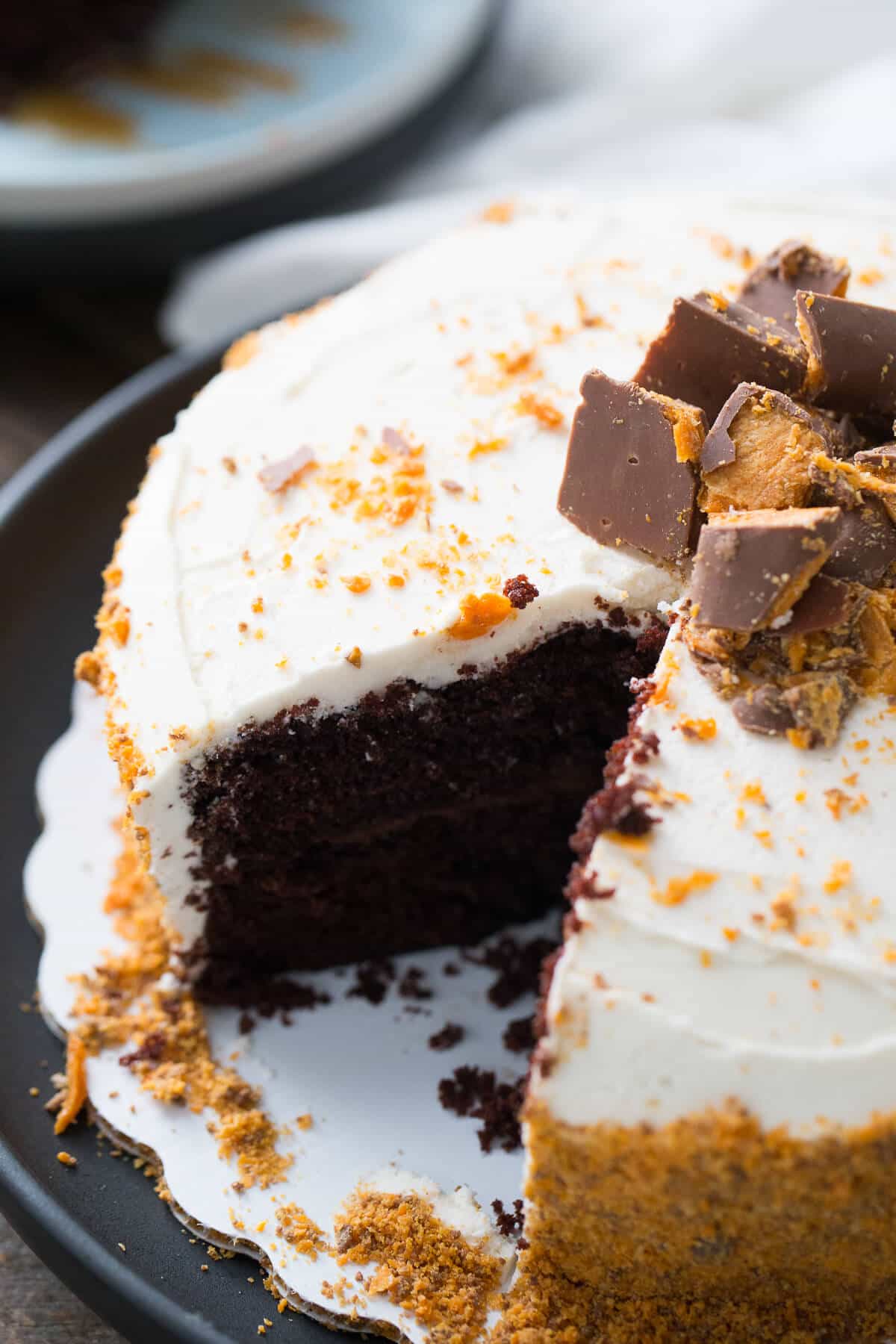 This Butterfinger cake is two layers of decadence!  A rich chocolate cake is layered and filled with chocolate ganache and topped with Buttercream and Butterfingers!