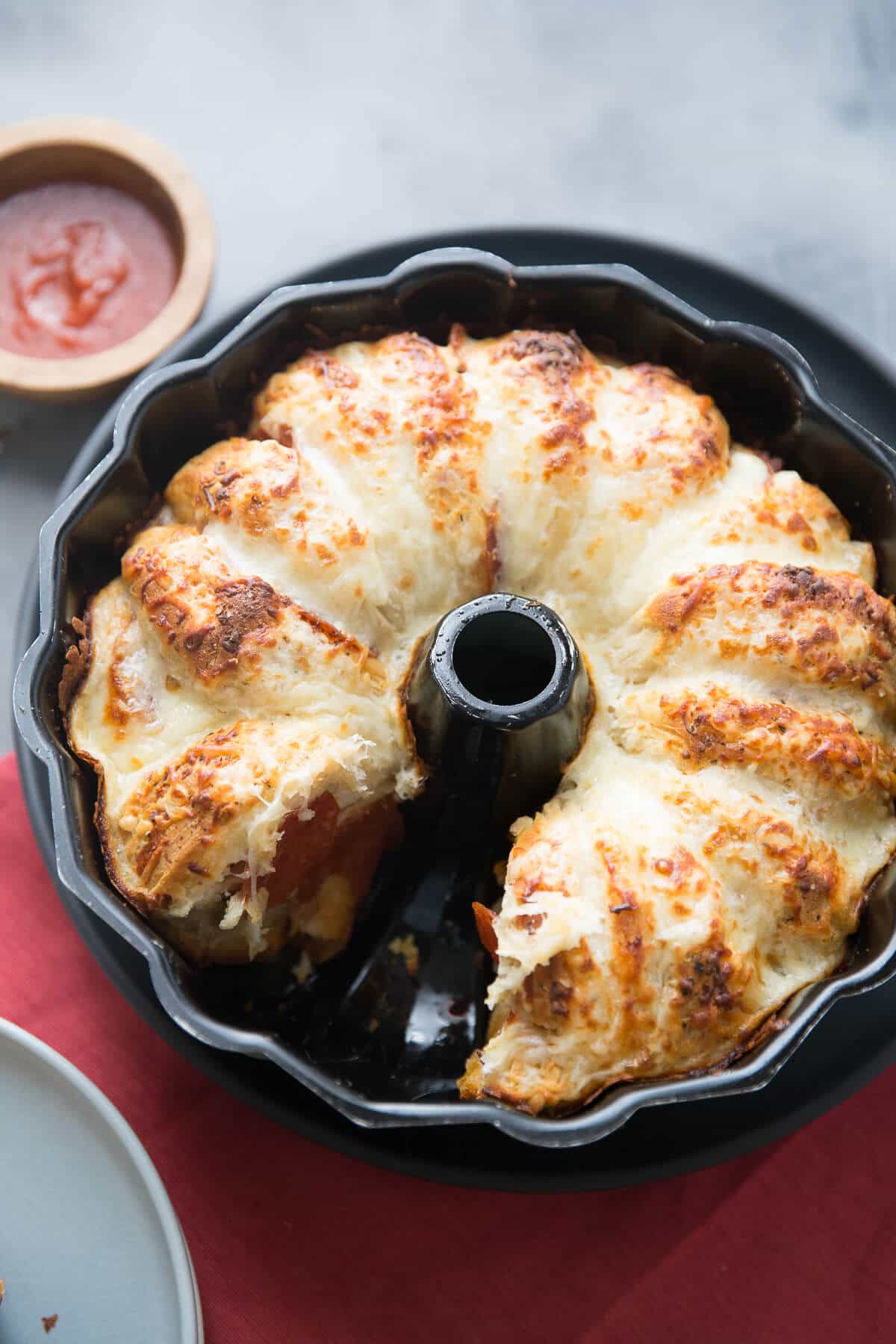 pizza monkey bread with a piece missing