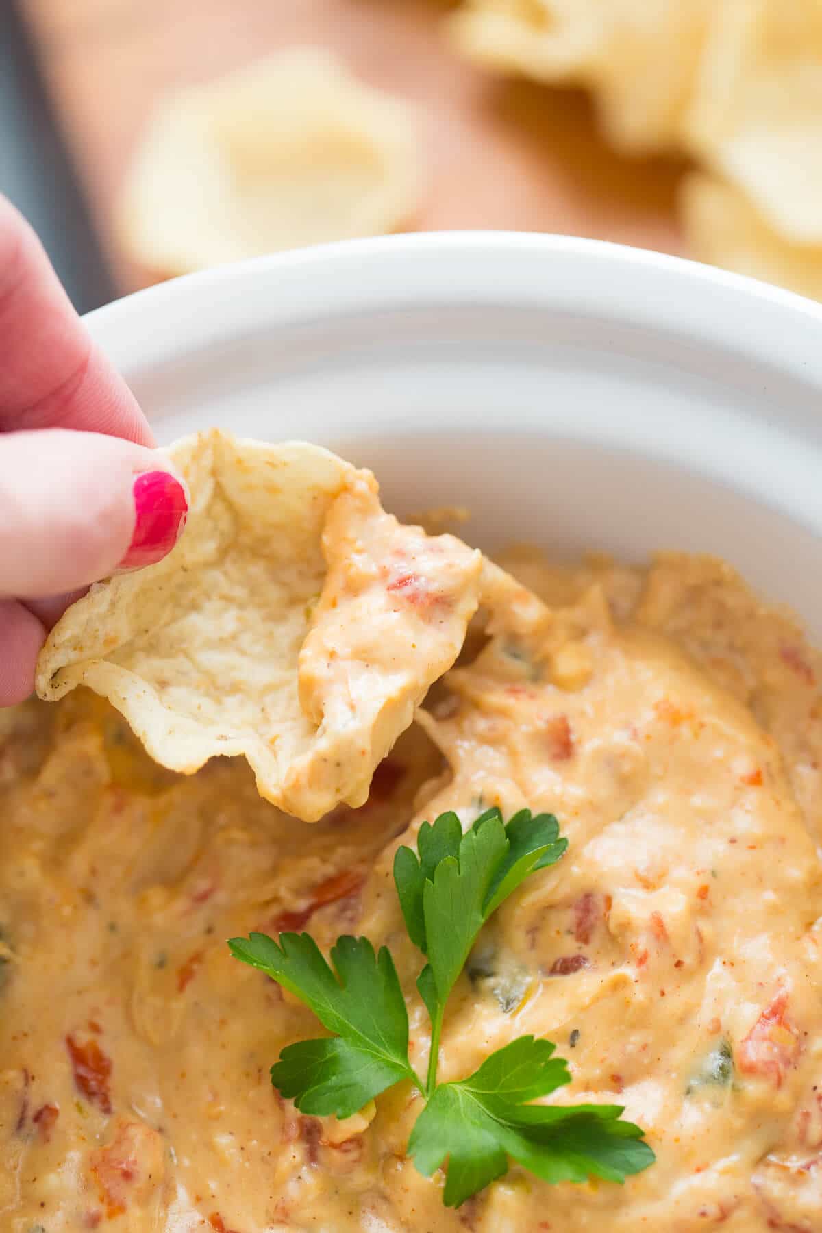 This King Ranch Chicken Dip is crockpot made and easily shared! You are going to love the the flavor; get your chips ready, you are going to need them!