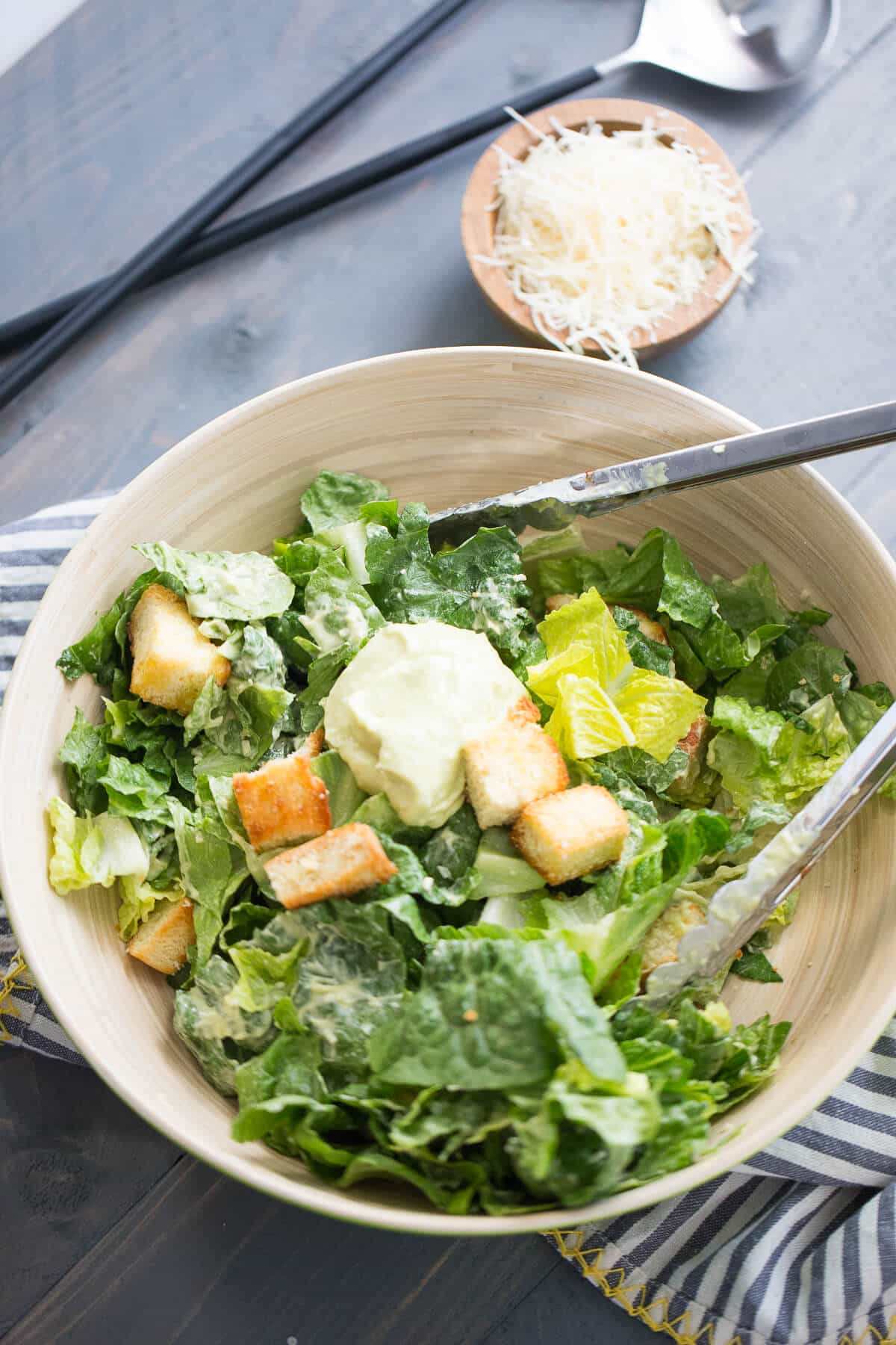 Crisp and cool lettuce is balanced by seasoned, grilled shrimp in this refreshing Shrimp Caesar Salad! Traditional Caesar salad dressing is replaced with an avocado dressing that adds just the right amount of creaminess to each bite!