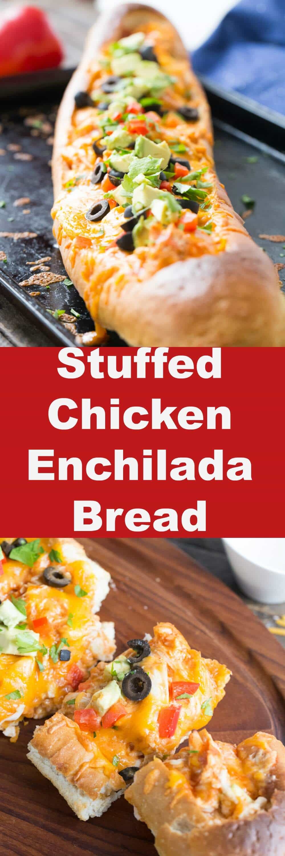 Chicken enchiladas are stuffed inside a loaf of French bread then baked until golden. Top your enchilada bread with your favorite ingredients and then gobble it up!