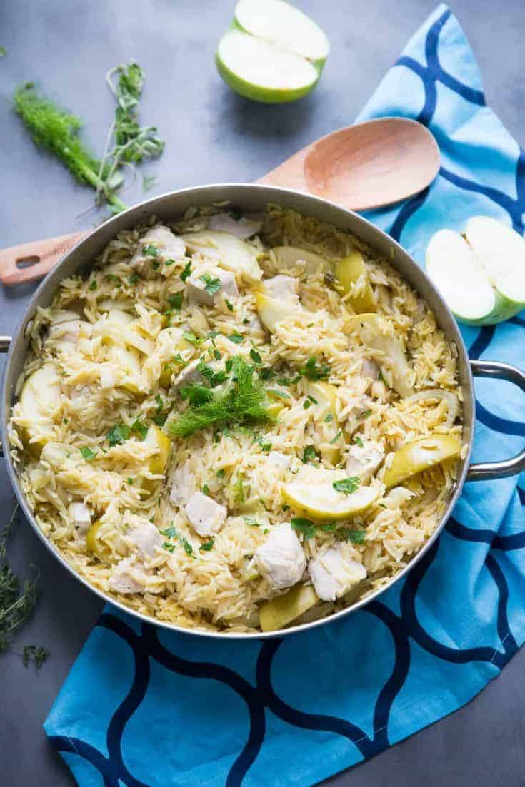 This skillet chicken combines the sweetness of apples with the unique taste of fennel. Seasoned chicken and orzo round out the dish in this simple yet elegant one pot meal.