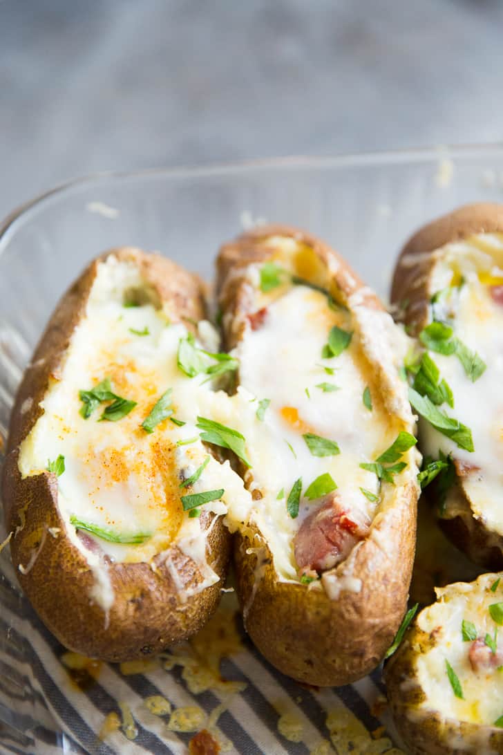 Baked breakfast potatoes are going to make you rethink the whole idea of a baked potato!  These baked spuds are not just side dishes that get topped with bacon and cheese.