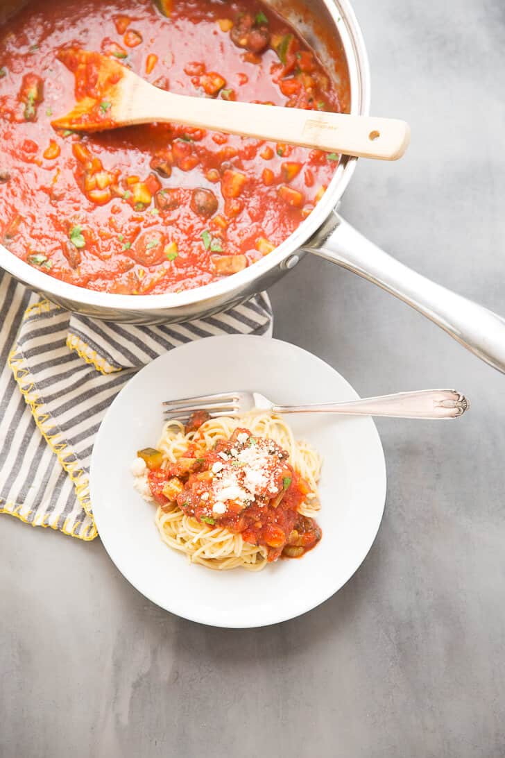 There is something extremely comforting about a good bolognese sauce.  It is a hearty sauce, that is filling and feels so satisfying. This vegetarian version has wholesome goodness and unbeatable flavor!