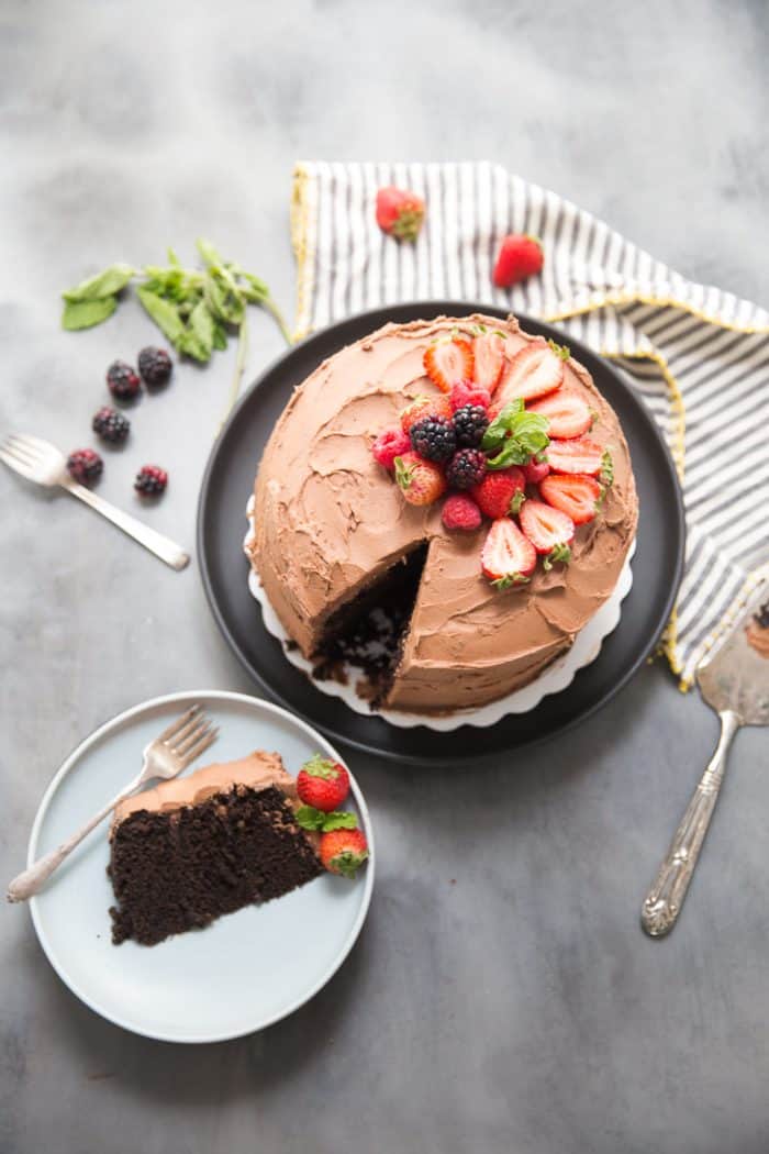 lThis dark chocolate cake is sinful, decadent, swoon-worthy and a little boozy.  In essence, this cake is everything.