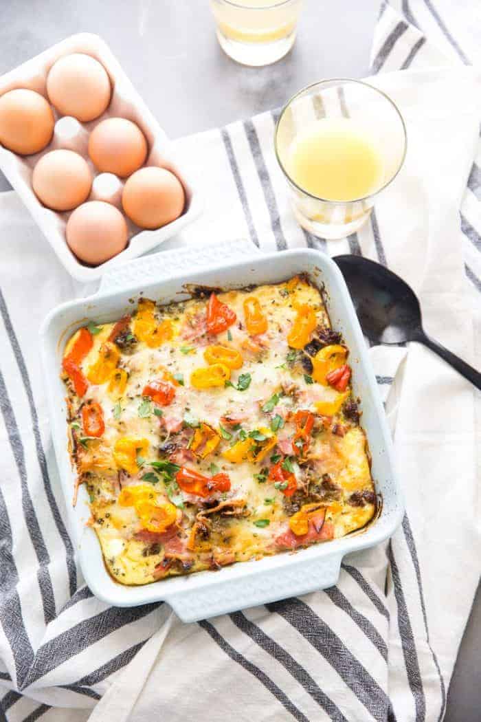 Farmers Breakfast Casserole with juice and eggs