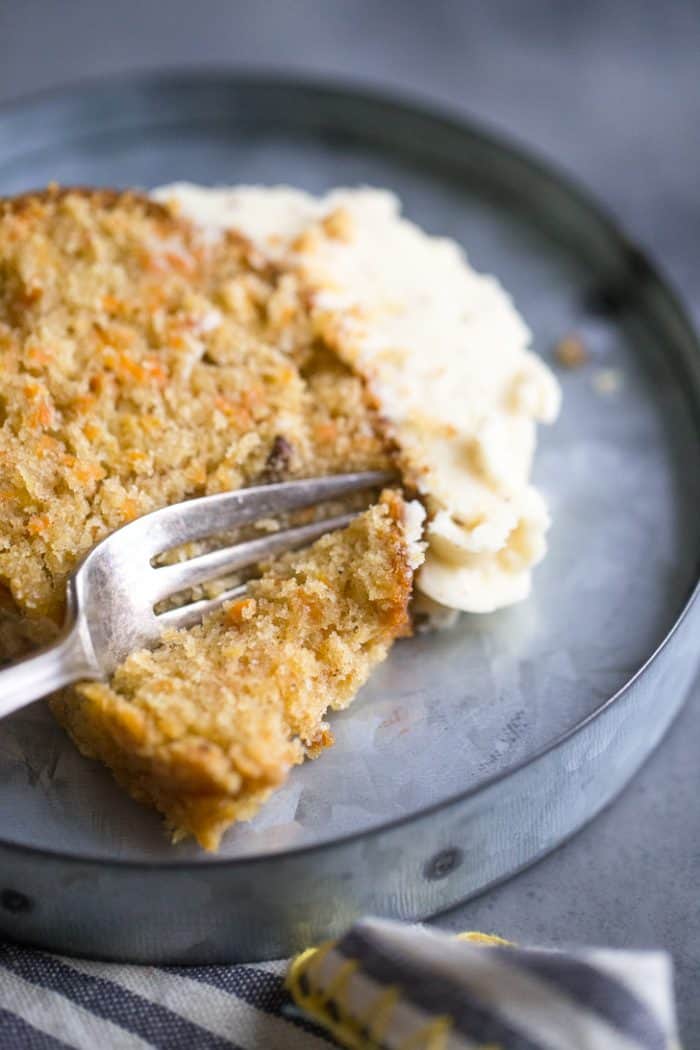 Homemade carrot cake recipe slice with a fork