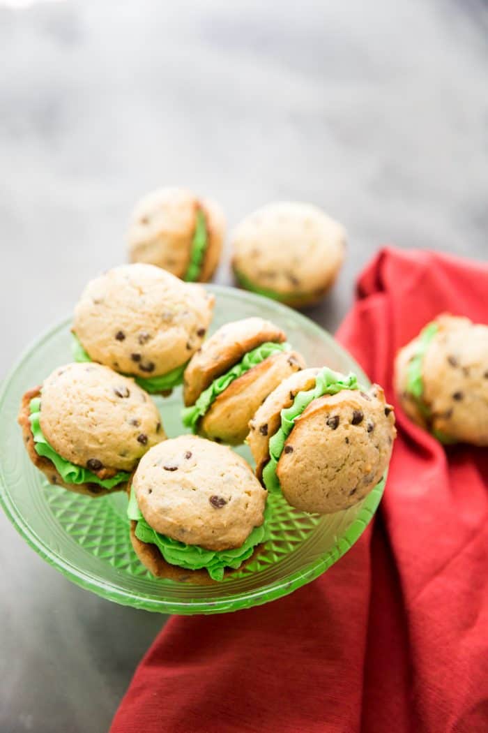 Mint chocolate chip whoopie pies on green plate