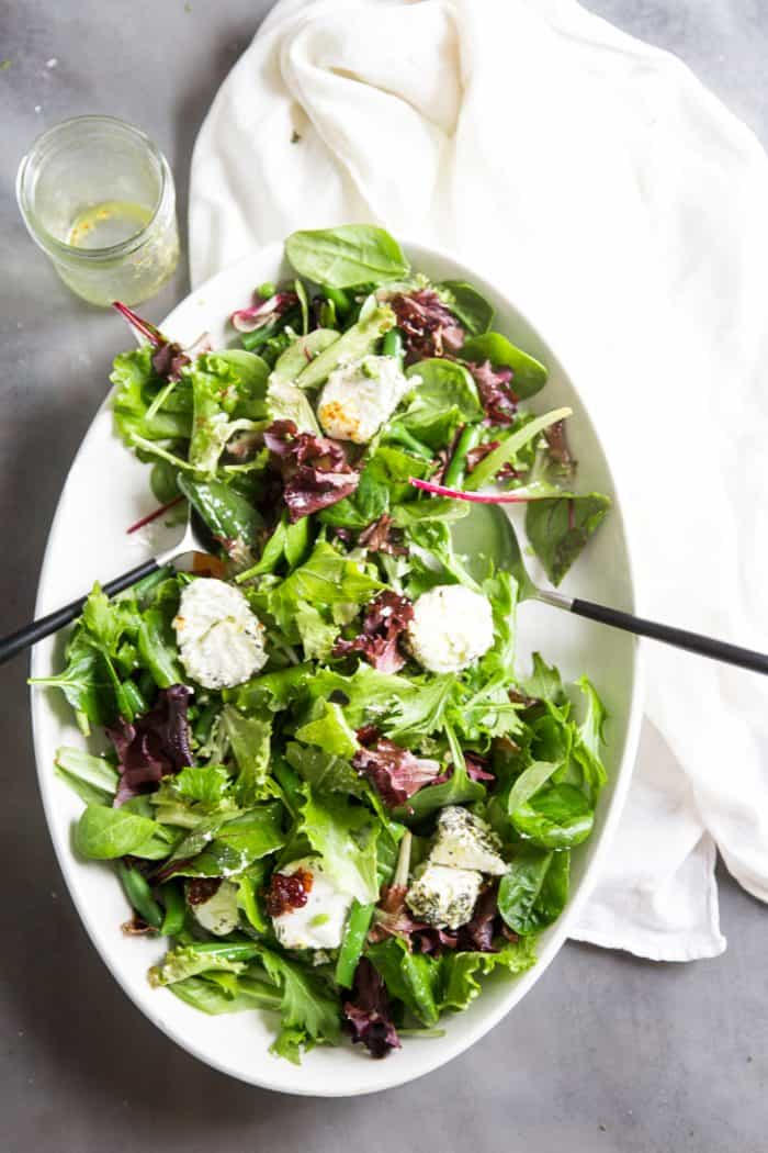 Spring Salad Recipe top down image with tongs