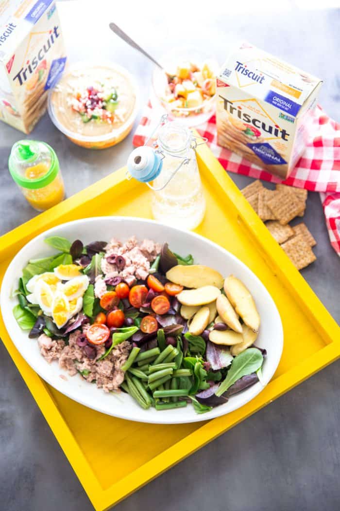 Nicoise salad with hummus and crackers