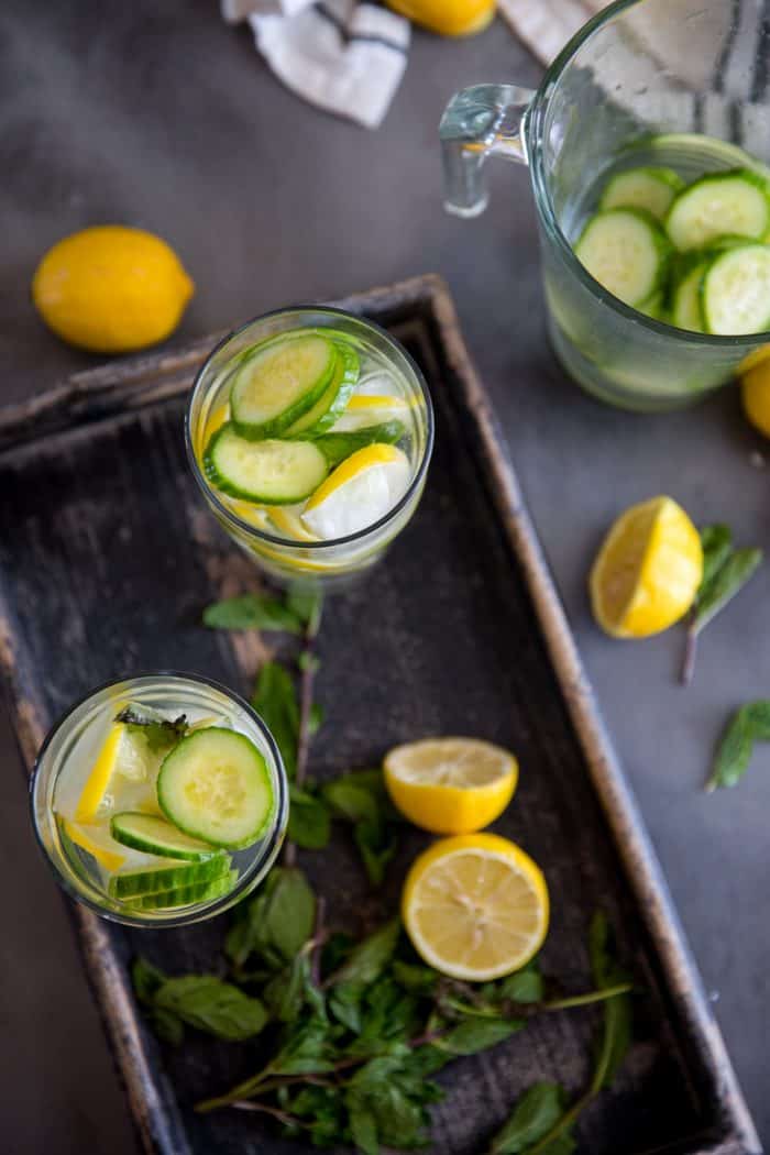 Cucumber lemon detox water top view of glasses