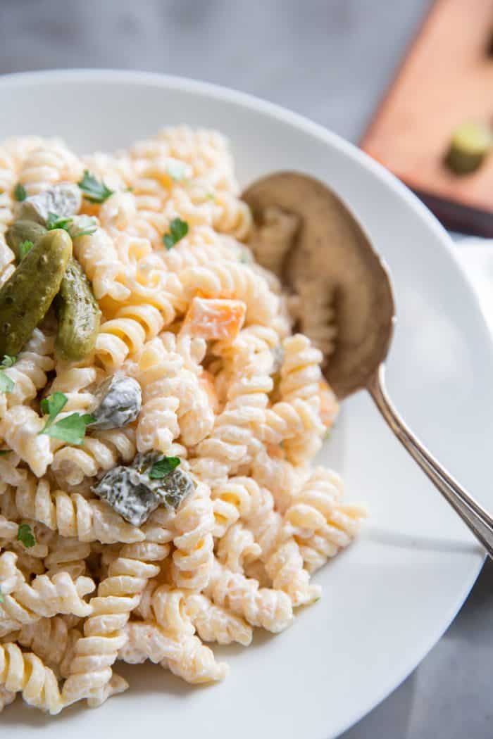 dill pickle pasta salad side with spoon