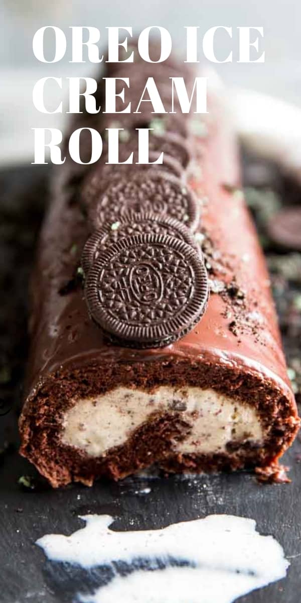 Ice cream cake roll with Oreos On top