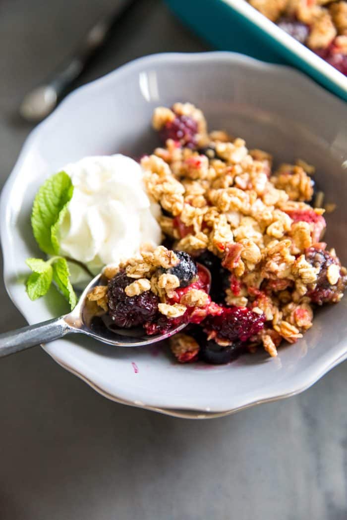 Mixed berry crumble in a bowl