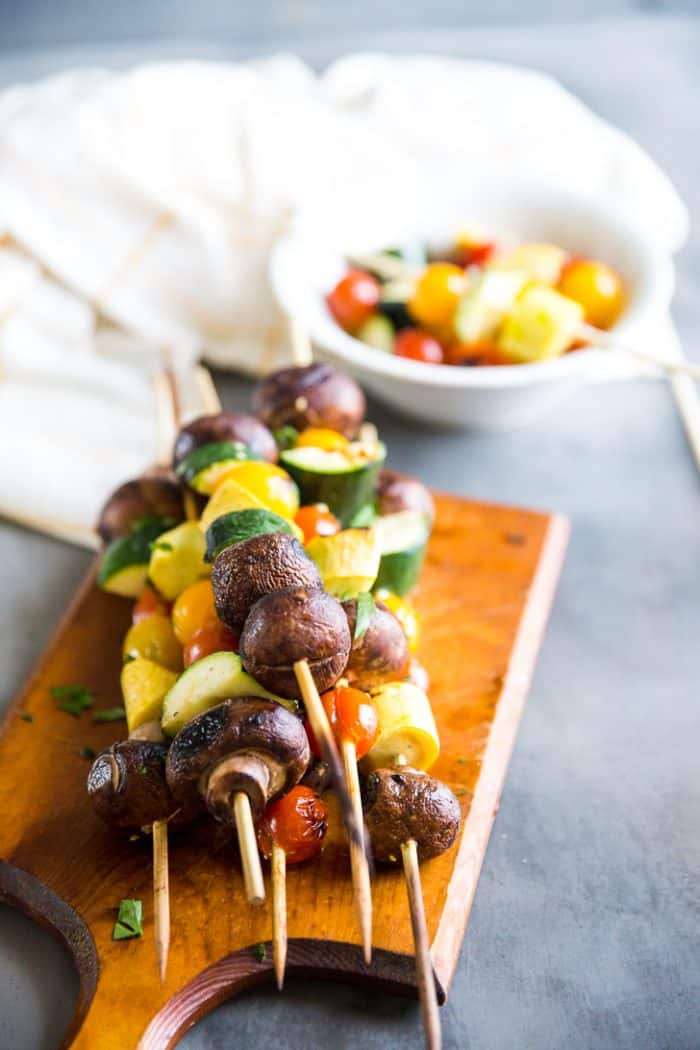 vegetable kabobs in a board