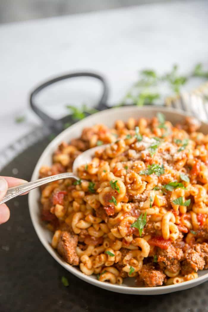 American goulash with spoon