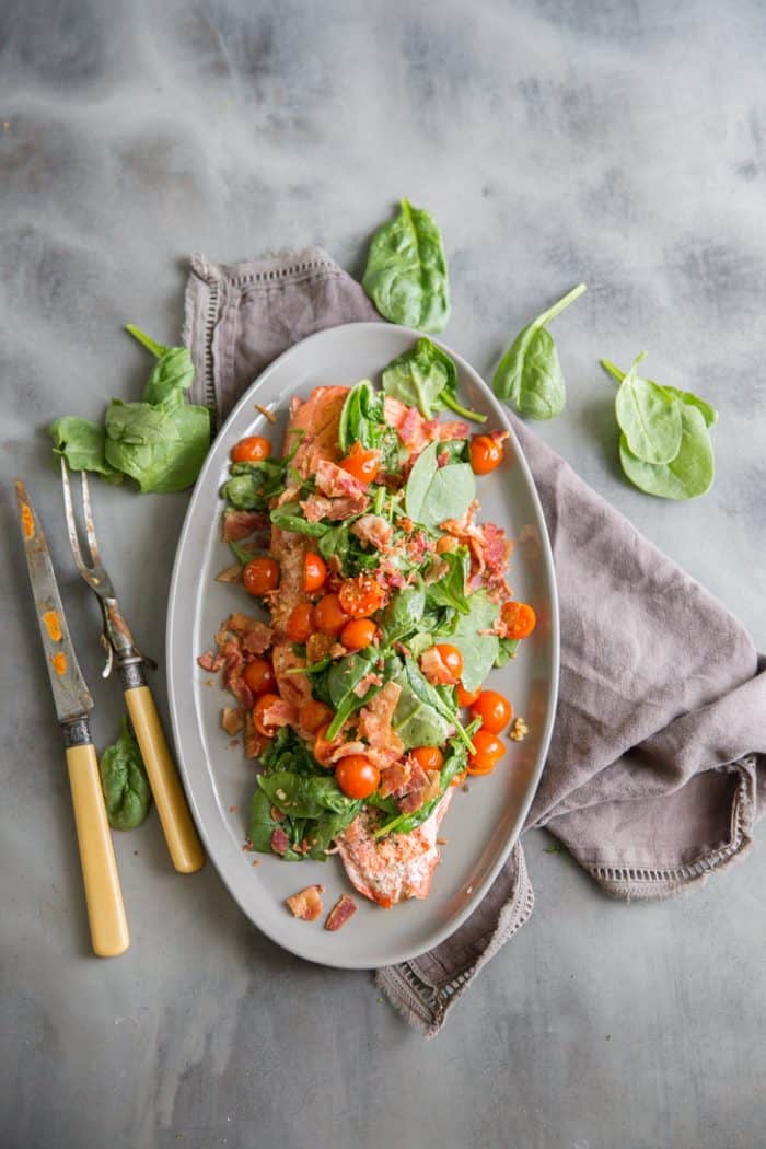 salmon dinner on gray plate