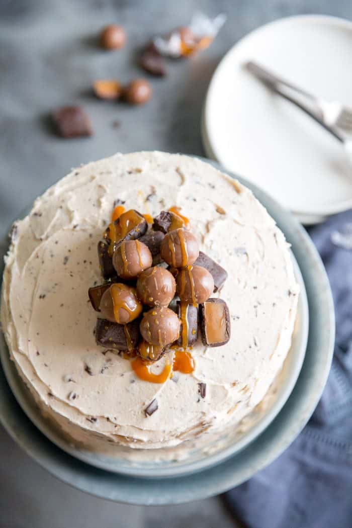 Salted caramel chocolate chip cake with candies